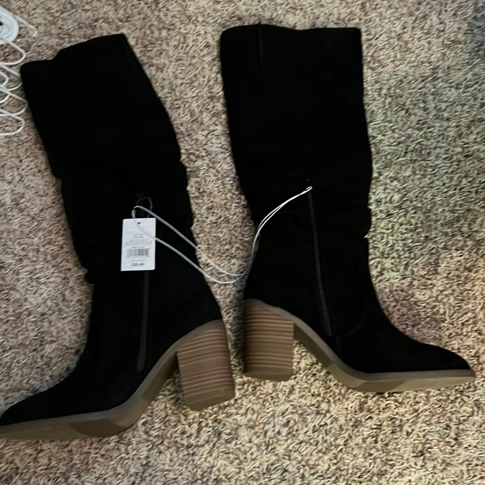 Faux suede black knee high boots with ruche